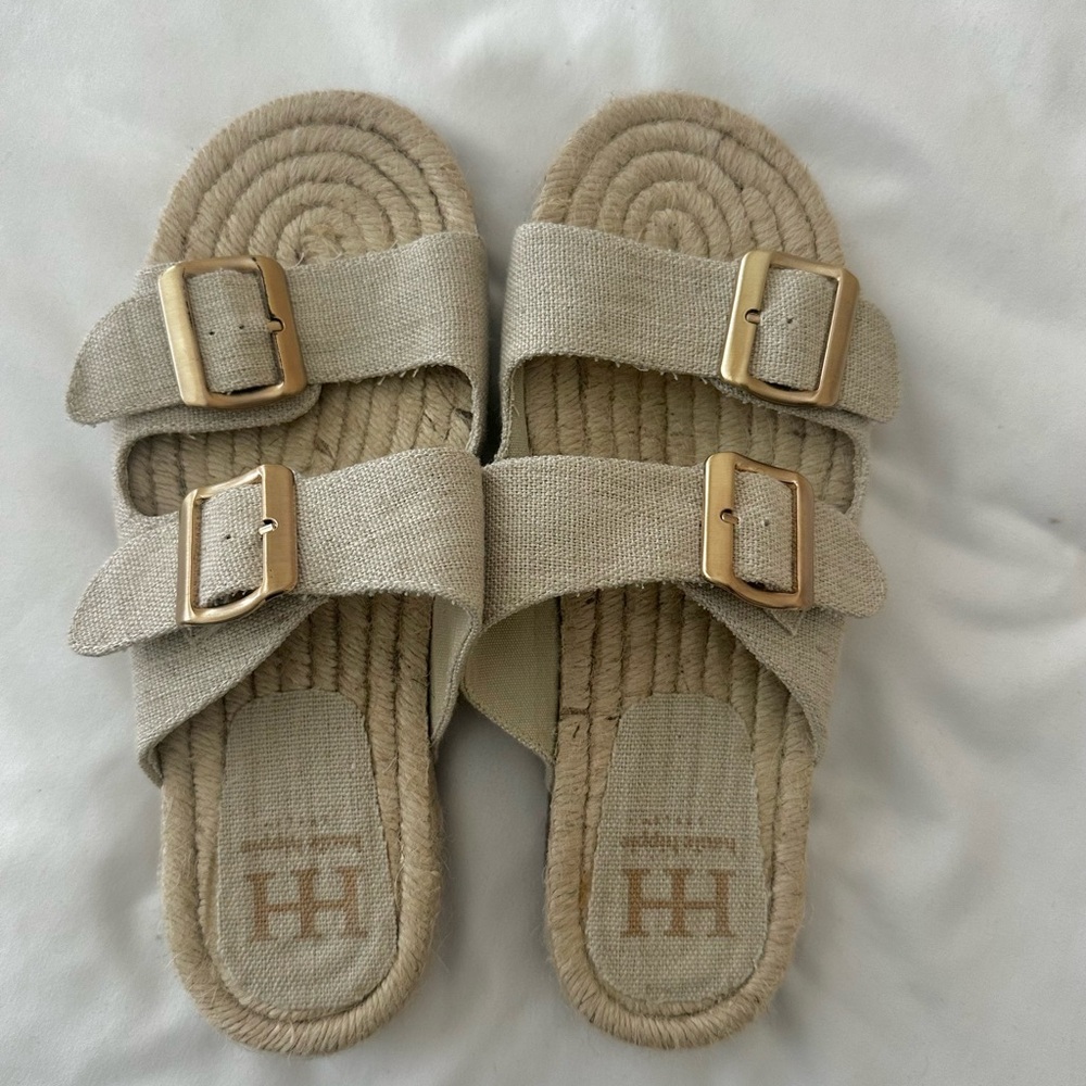 Beige Double Strap Sandals with Gold Buckles